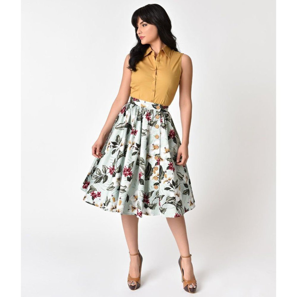 Hell Bunny Vixen Mint floral Tahiti midi skirt